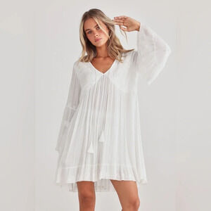 Talisman Aneesa Tunic Dress White Embroidered Bell Sleeves Ruffled Women’s Sz XL
